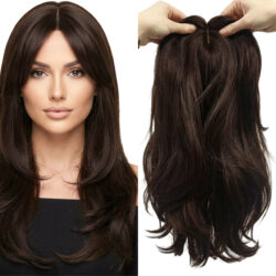 Topper z włosów syntetycznych Clip In 16x16cm ciemny brąz 55cm grzywka